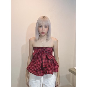 胸前绑带格子上衣 