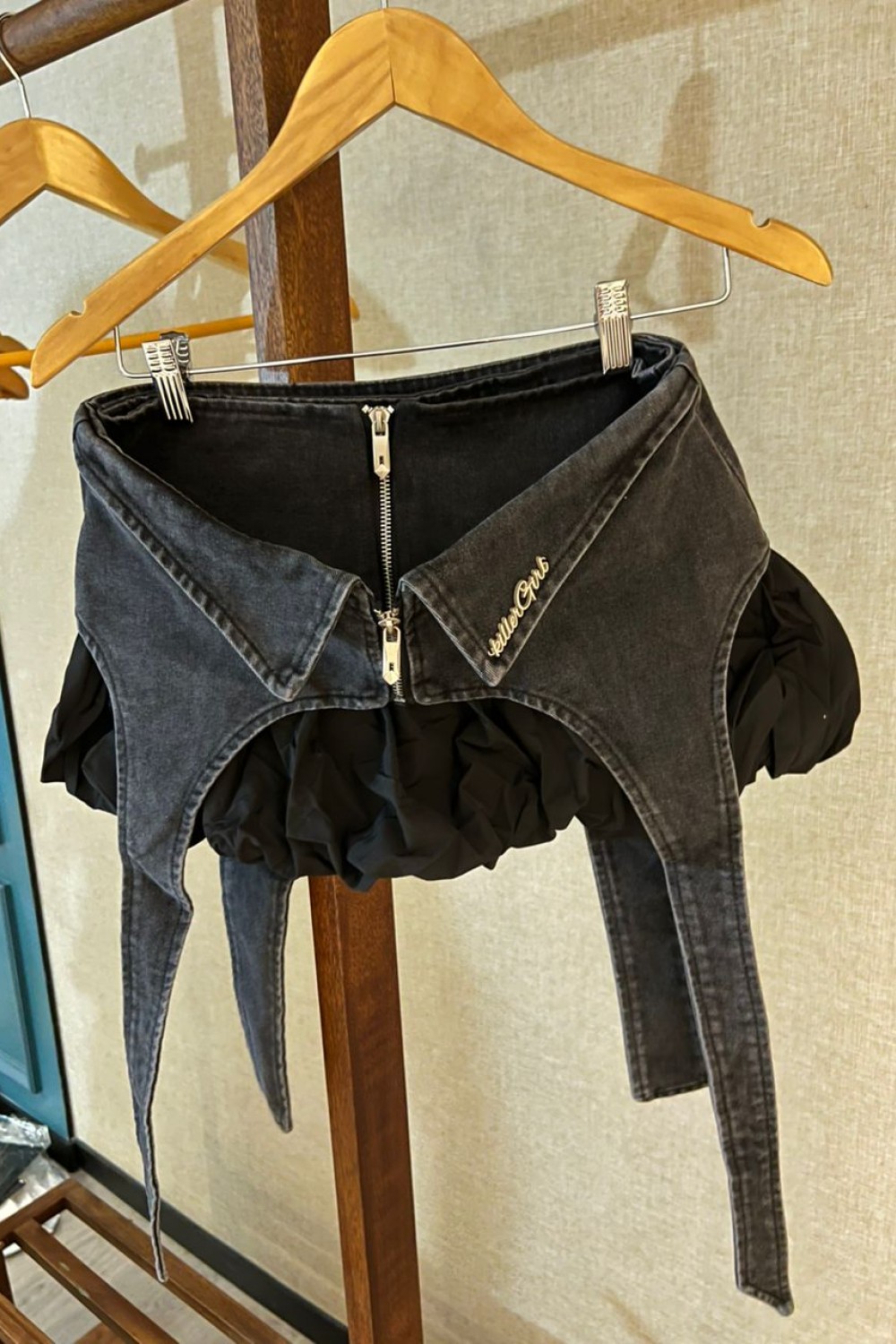 拼接牛仔泡泡裙 黑色 