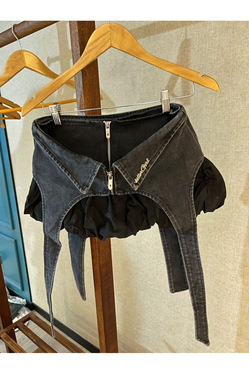 拼接牛仔泡泡裙 黑色 