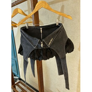 拼接牛仔泡泡裙 黑色 