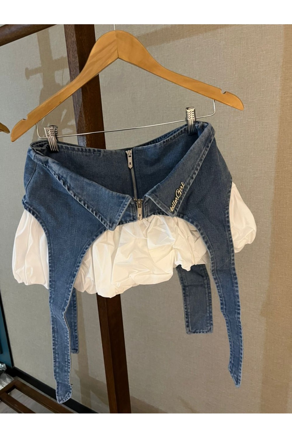 拼接牛仔泡泡裙 牛仔色 