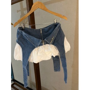 拼接牛仔泡泡裙 牛仔色 