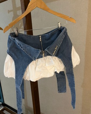 拼接牛仔泡泡裙 牛仔色 