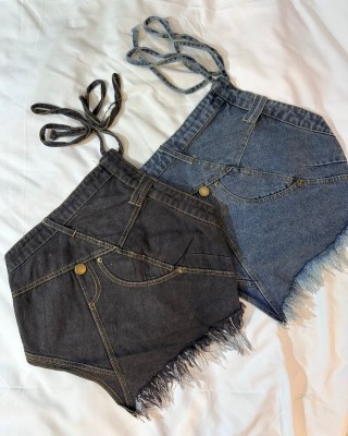 牛仔纽扣挂脖背心