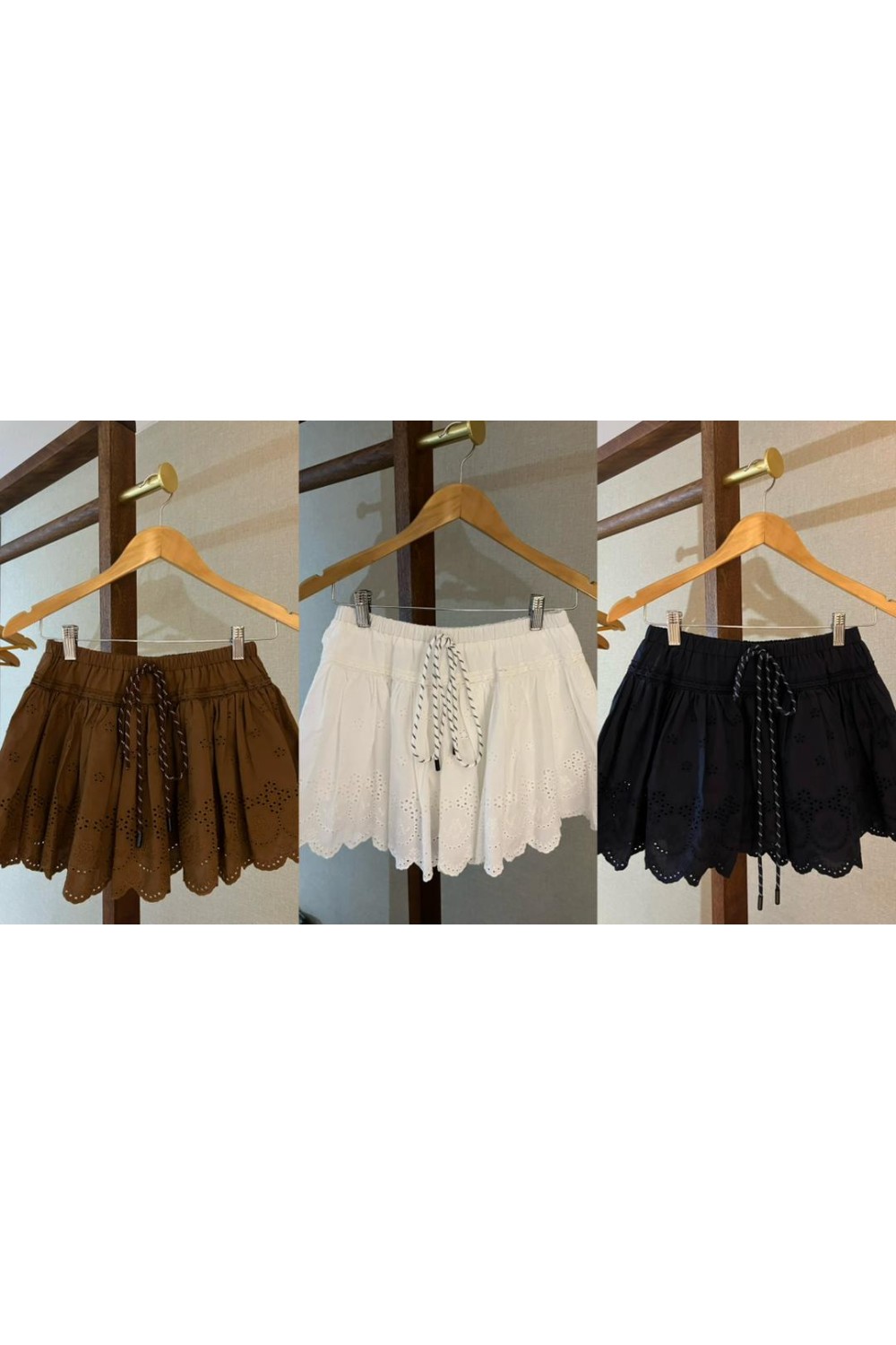 线条抽绳拼接钩花短裙