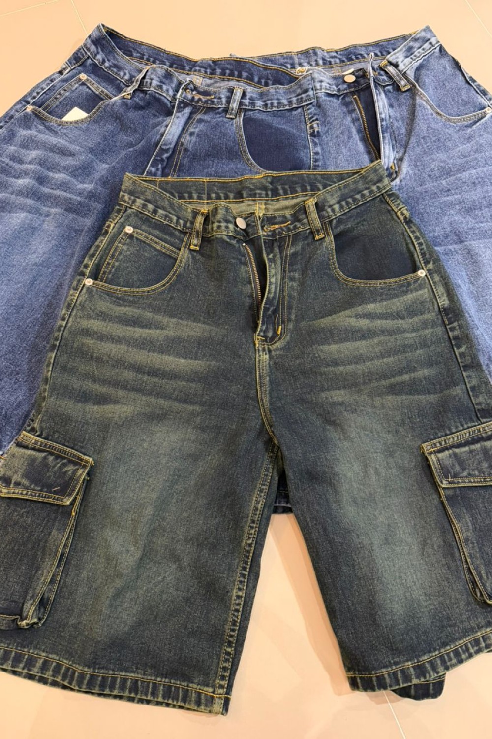 口袋牛仔六分裤 深蓝色