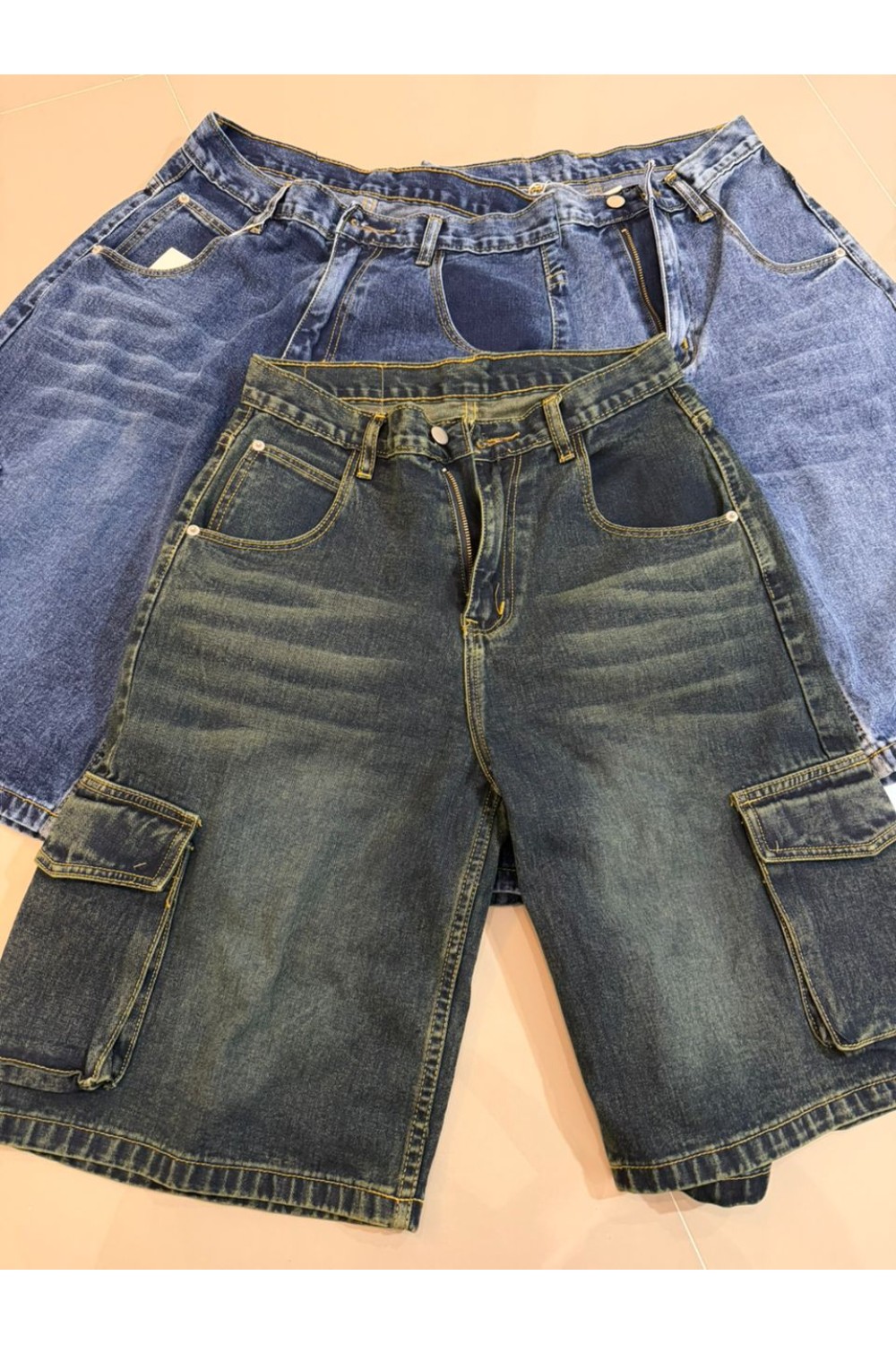 口袋牛仔六分裤 灰蓝色