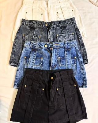 口袋牛仔裤裙 白色 