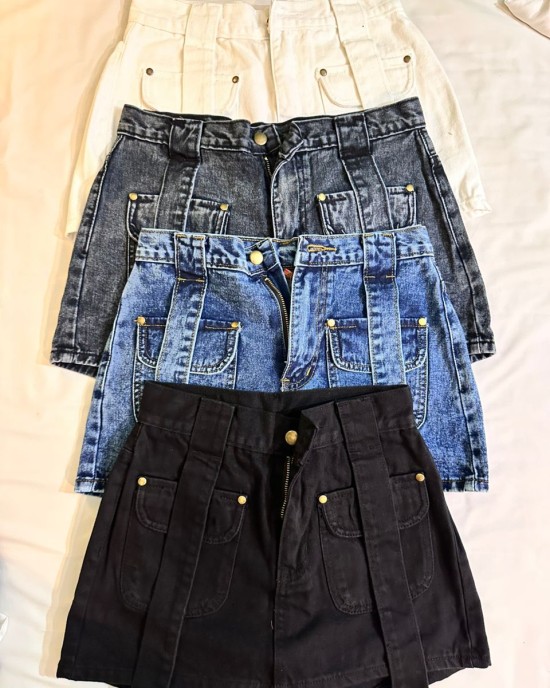 口袋牛仔裤裙 白色 