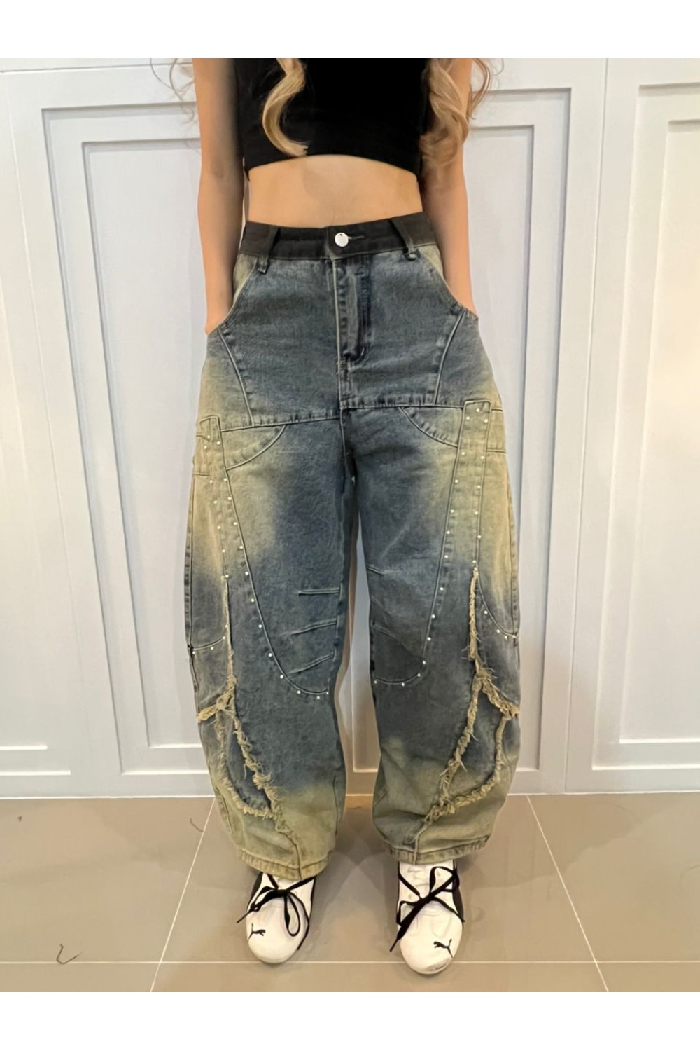 水洗珍珠刀子阔腿裤