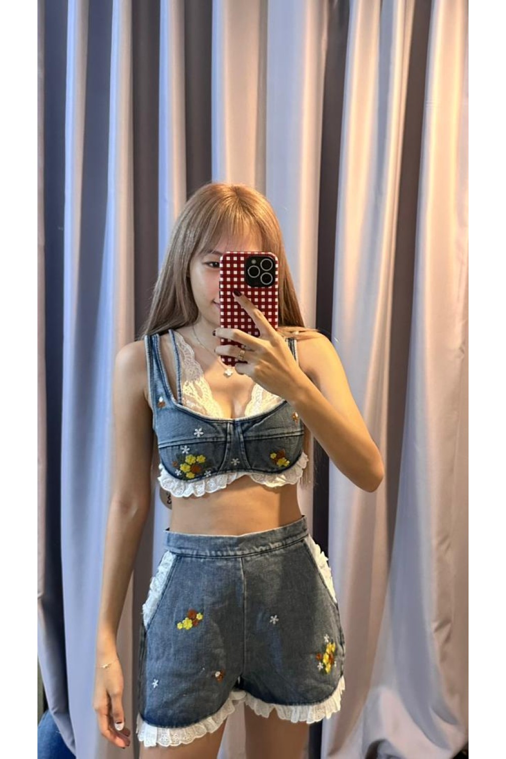 田园风蕾丝拼接牛仔套装 