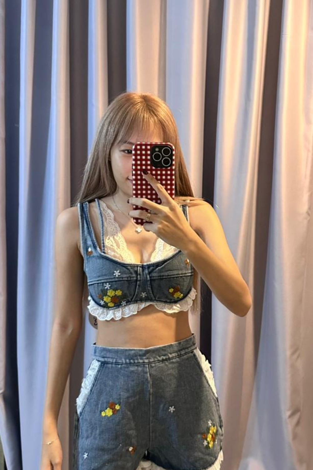 田园风蕾丝拼接牛仔套装 