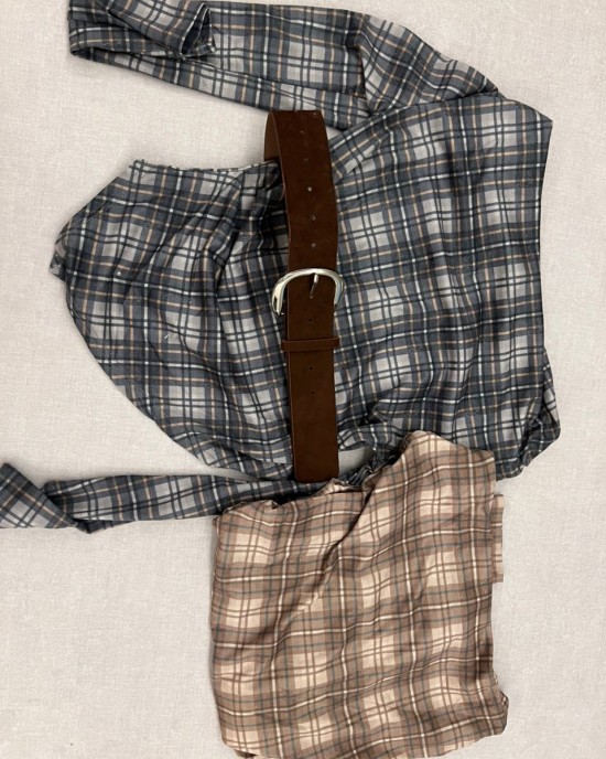 格纹斜肩长袖上衣 附腰带