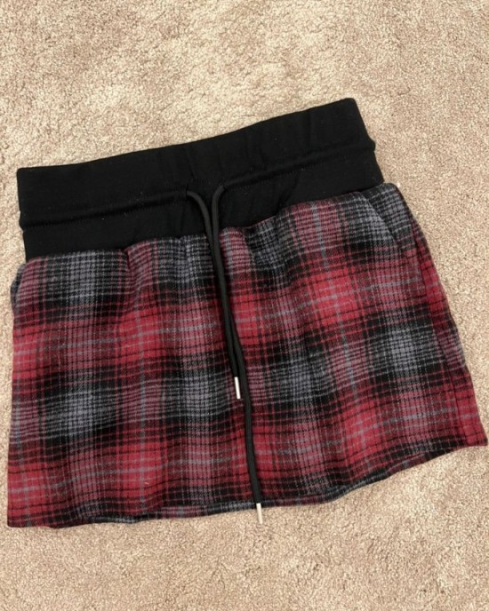 英伦风抽绳格纹短裙 