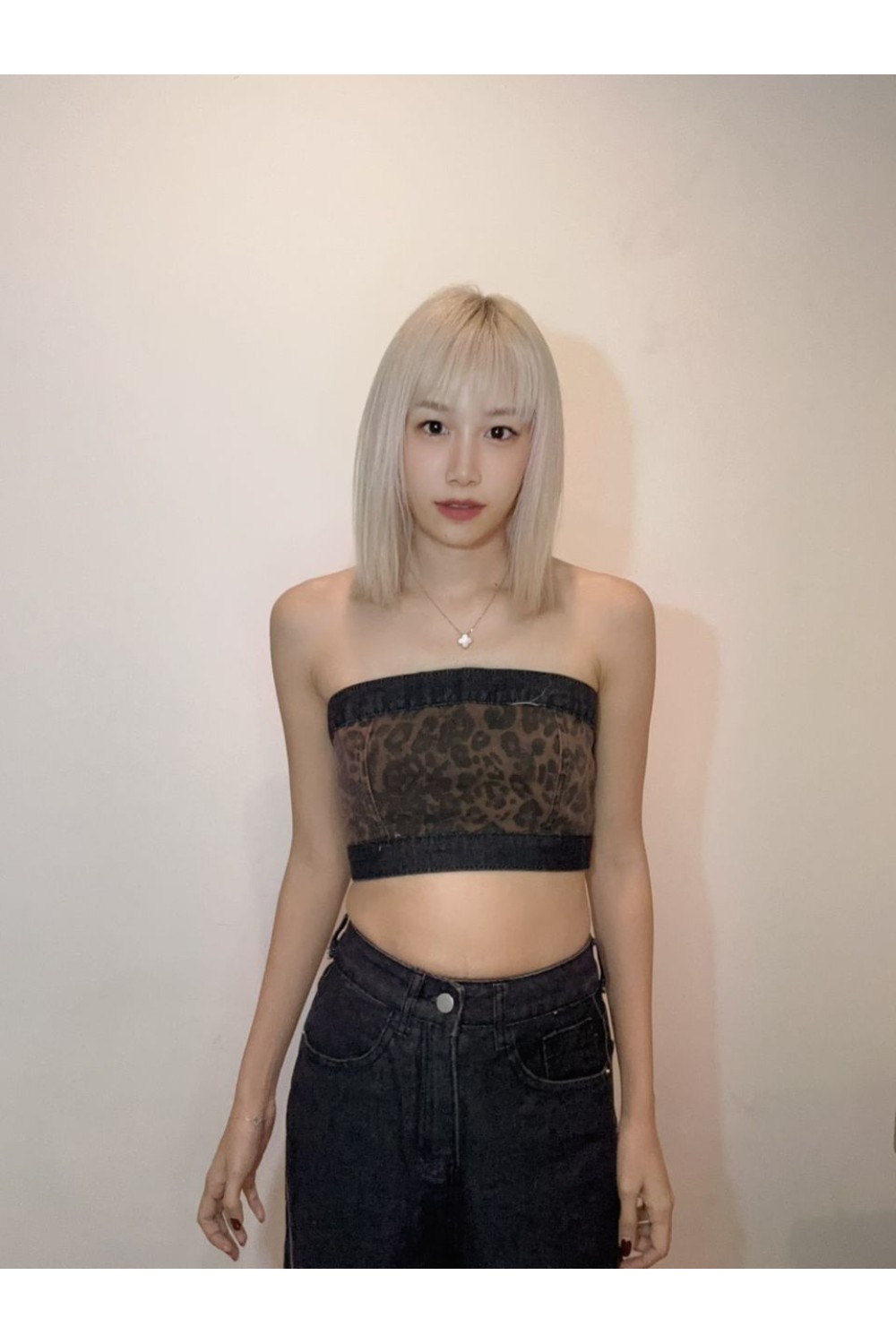 豹纹拼接牛仔平口套装