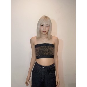 豹纹拼接牛仔平口套装