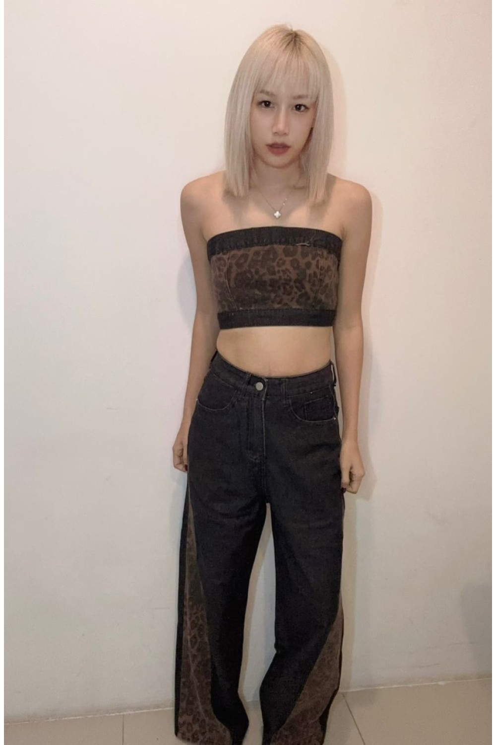 豹纹拼接牛仔平口套装