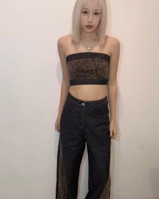 豹纹拼接牛仔平口套装