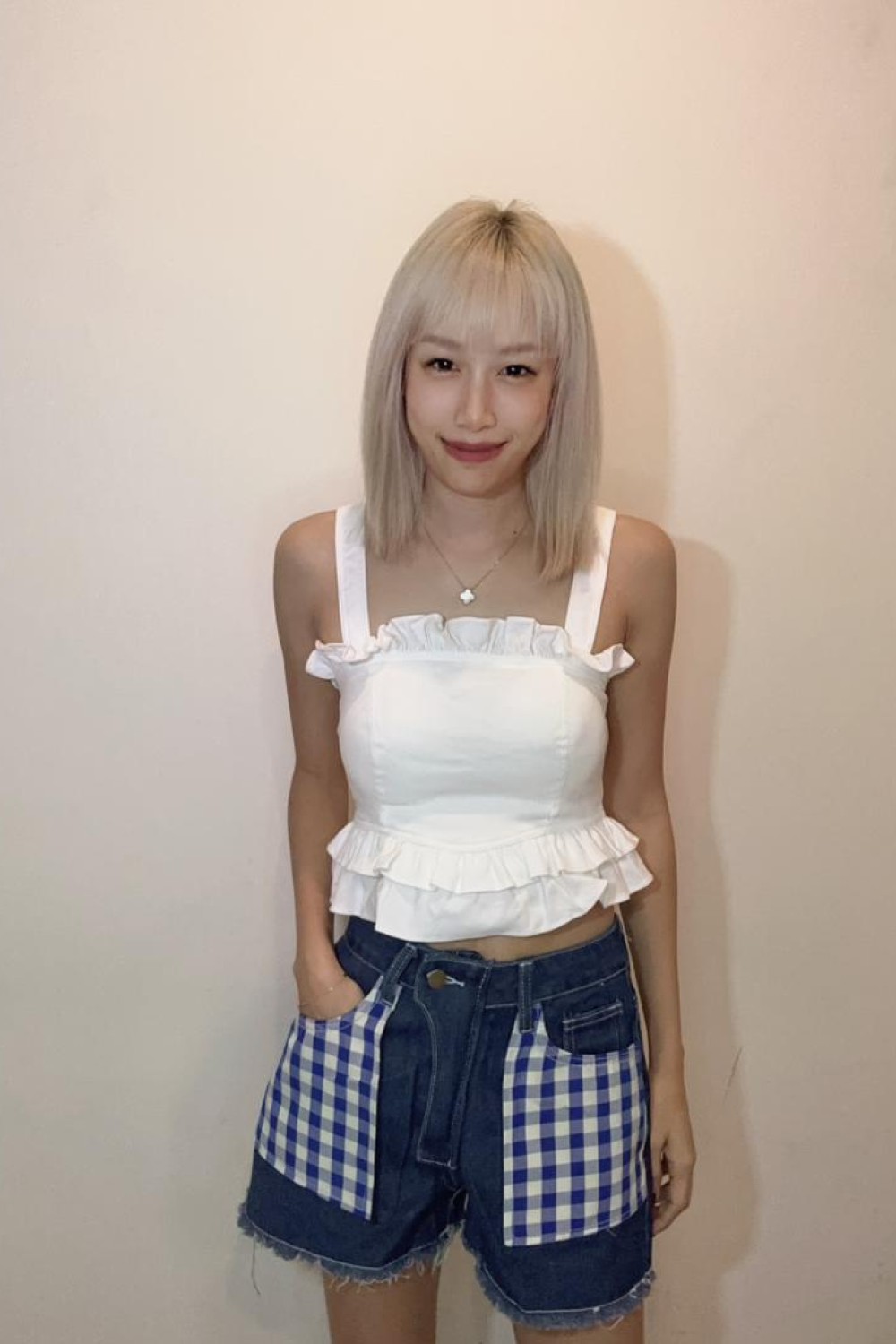 格子口袋牛仔短裤