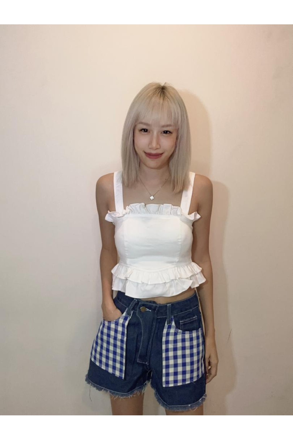 格子口袋牛仔短裤