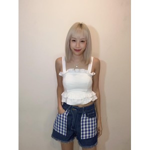 格子口袋牛仔短裤