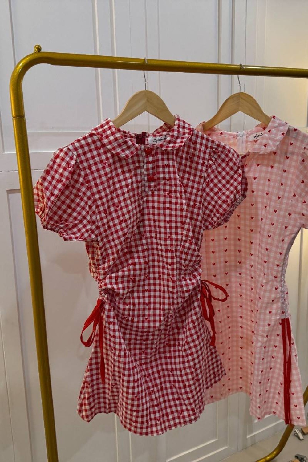 爱心格子短袖连身裙 