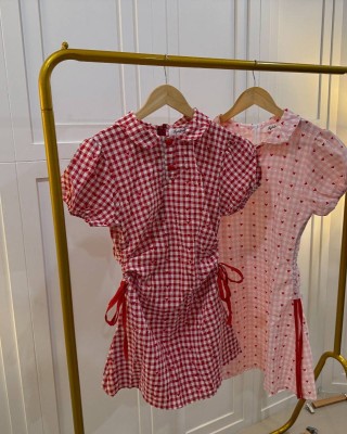 爱心格子短袖连身裙 