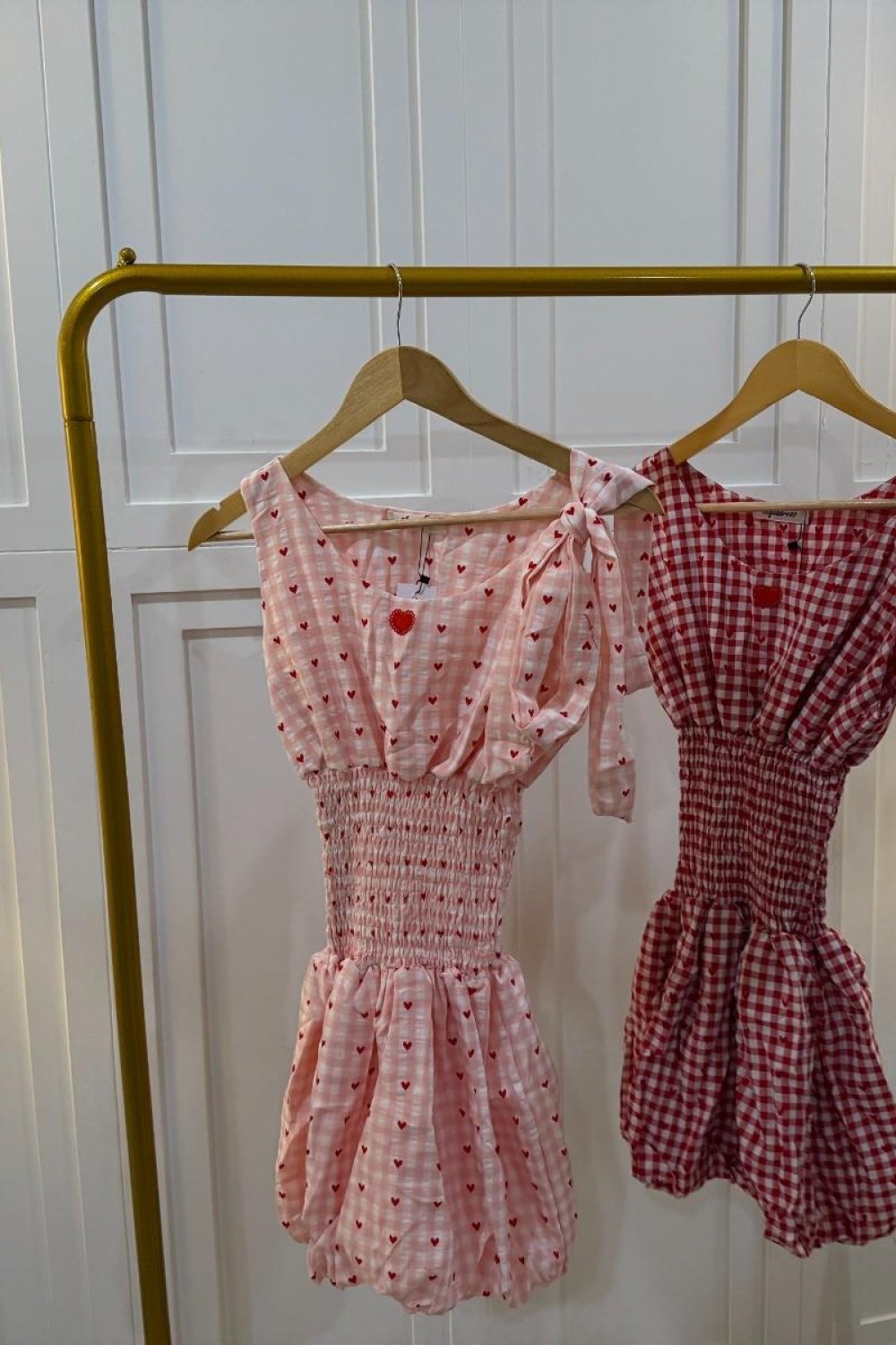 不对称爱心格子连身裙 红色 现货