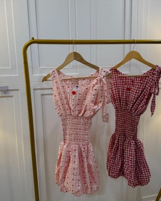 不对称爱心格子连身裙 红色 现货