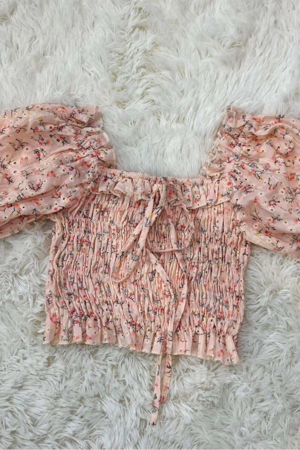 桃色小碎花木耳边上衣 