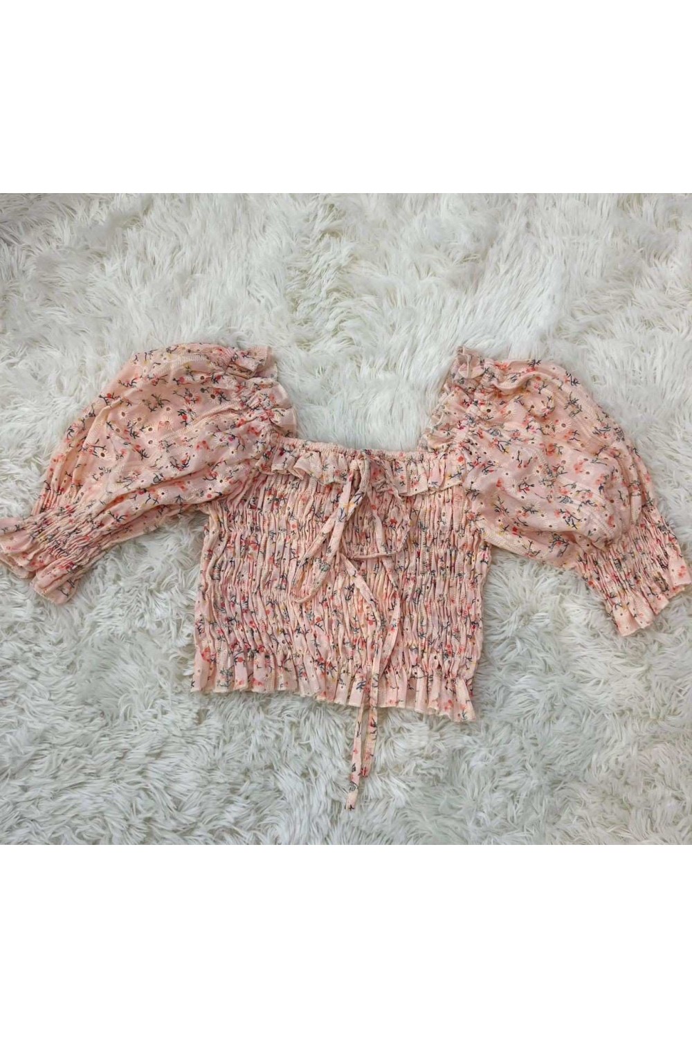 桃色小碎花木耳边上衣 