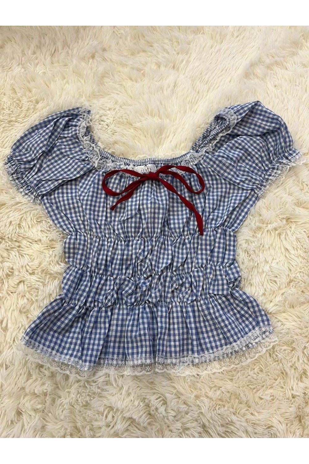 格纹一字领收腰上衣 蓝色 