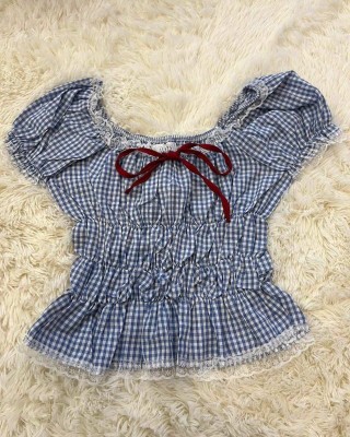 格纹一字领收腰上衣 蓝色 