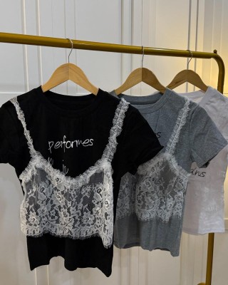 假两件蕾丝T恤 黑色