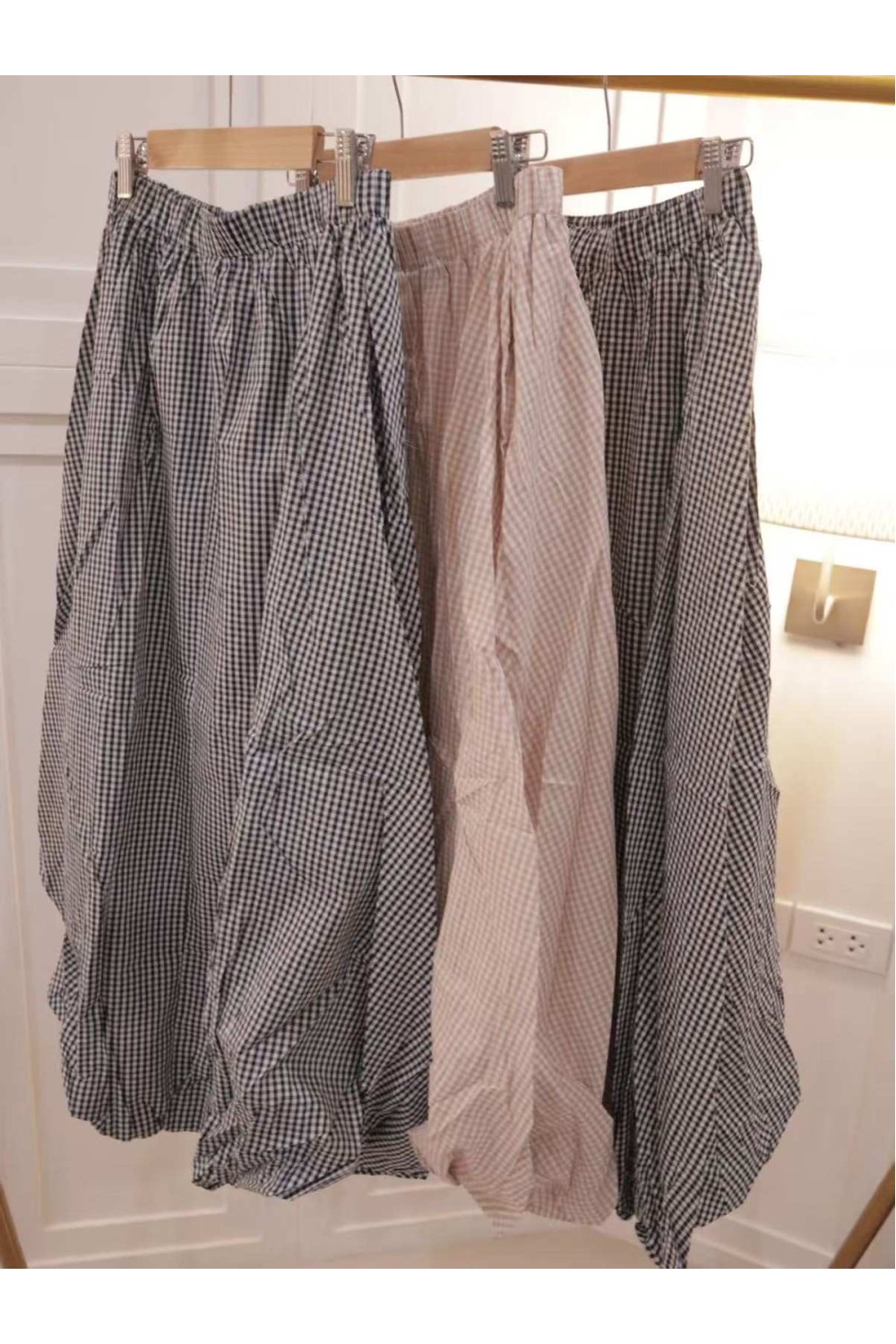 格子灯笼长裙 褐色 